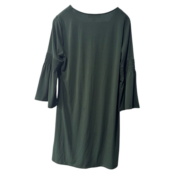 Michael Kors Dark Green Dress V Neck Gold Zipper Bell Sleeve Smocked Detail - Picture 4 of 5